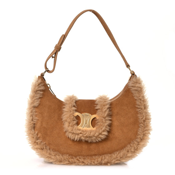 Celine Suede Calfskin Shearling Medium Strap Ava Triomphe Shoulder Bag Tobacco