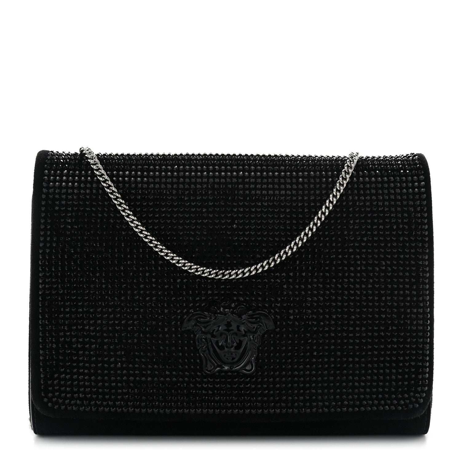 Versace Suede Palazzo Crystal Chain Evening Bag Black