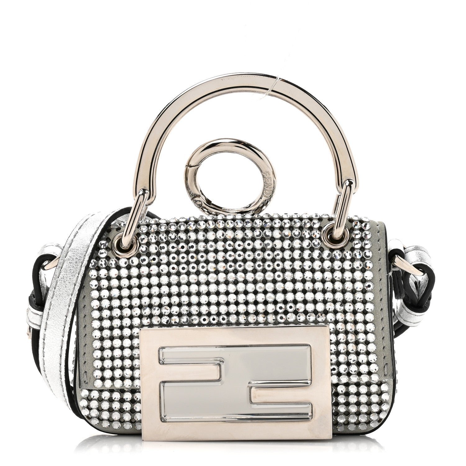 Fendi Nubuck Crystal Catalan Mirror Nano Maxi Buckle Baguette Charm Pietra Argento