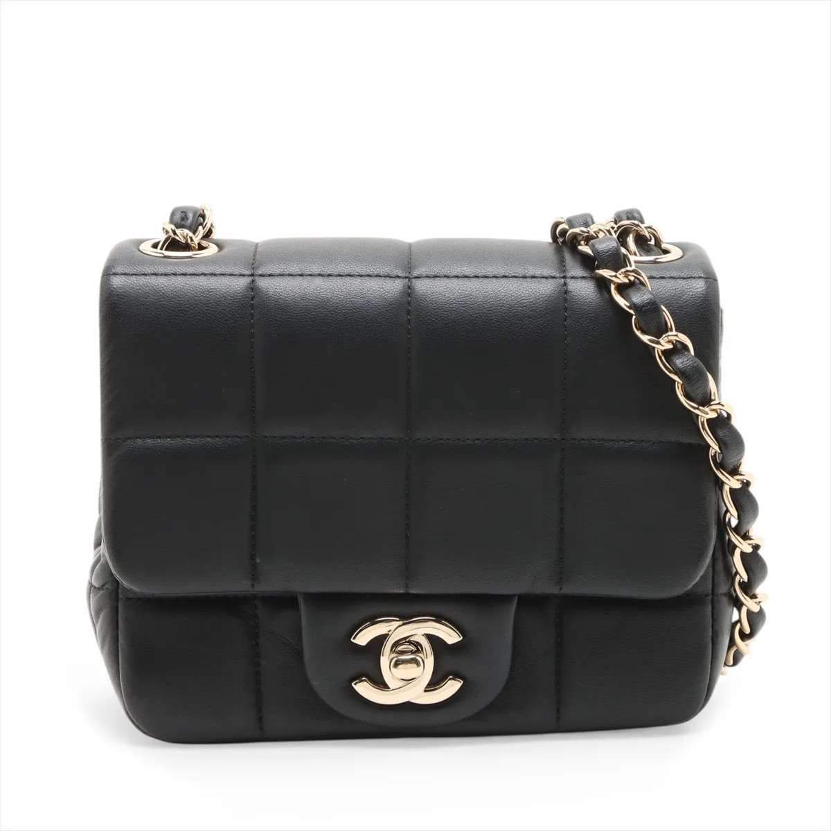 Chanel Chocolate Bar Lambskin Single Flap Single Chain Bag Black Gold Metal Fitt