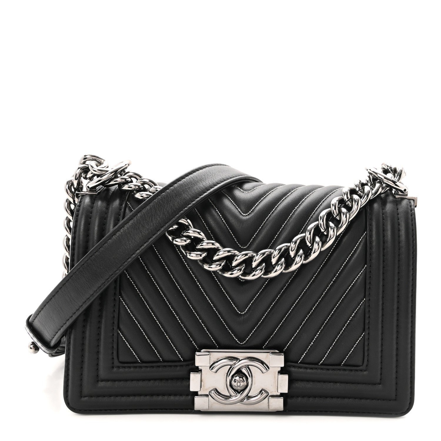Chanel Calfskin Chain Chevron Small Boy Flap Black