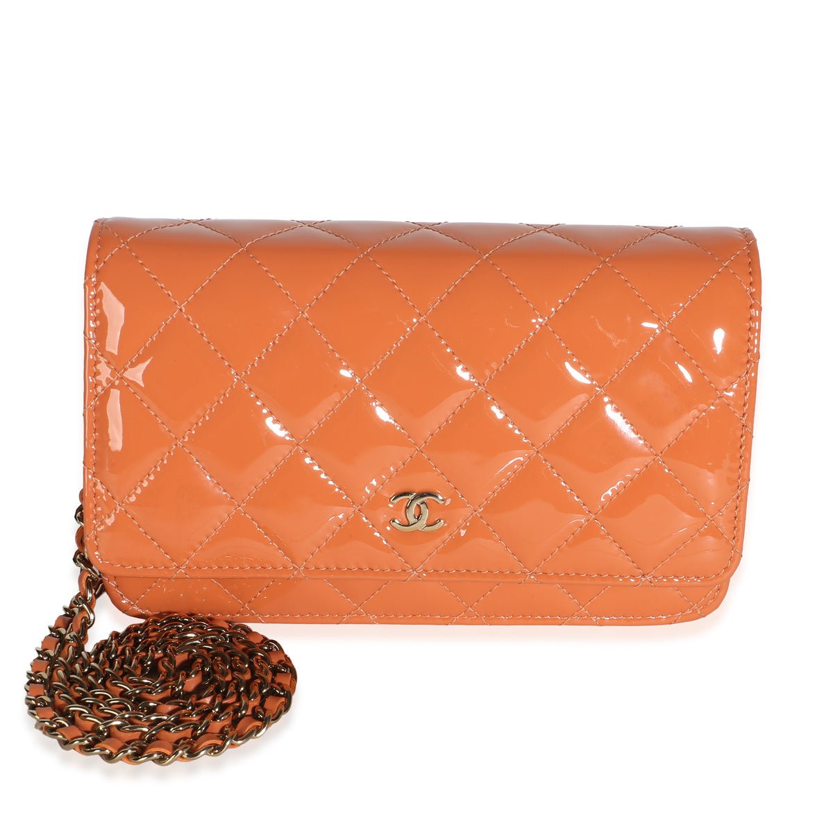 Dark Orange Quilted Patent Classic Wallet On Chain