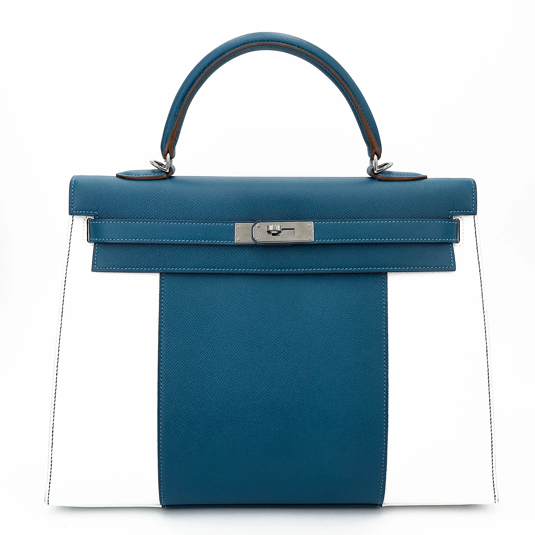 Very Good ( Rank A) HERMÈS Limited Edition Kelly 35 Flag White (01) Bleu Thalassa (7A) Epsom Palladium hardware Square R (2014)