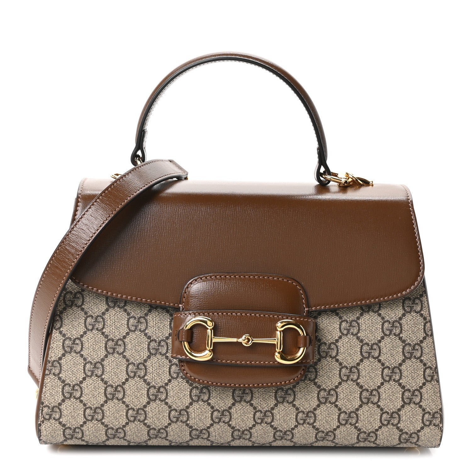Gucci GG Supreme Monogram Calfskin Medium Horsebit 1955 Top Handle Bag Beige Ebony Brown Sugar