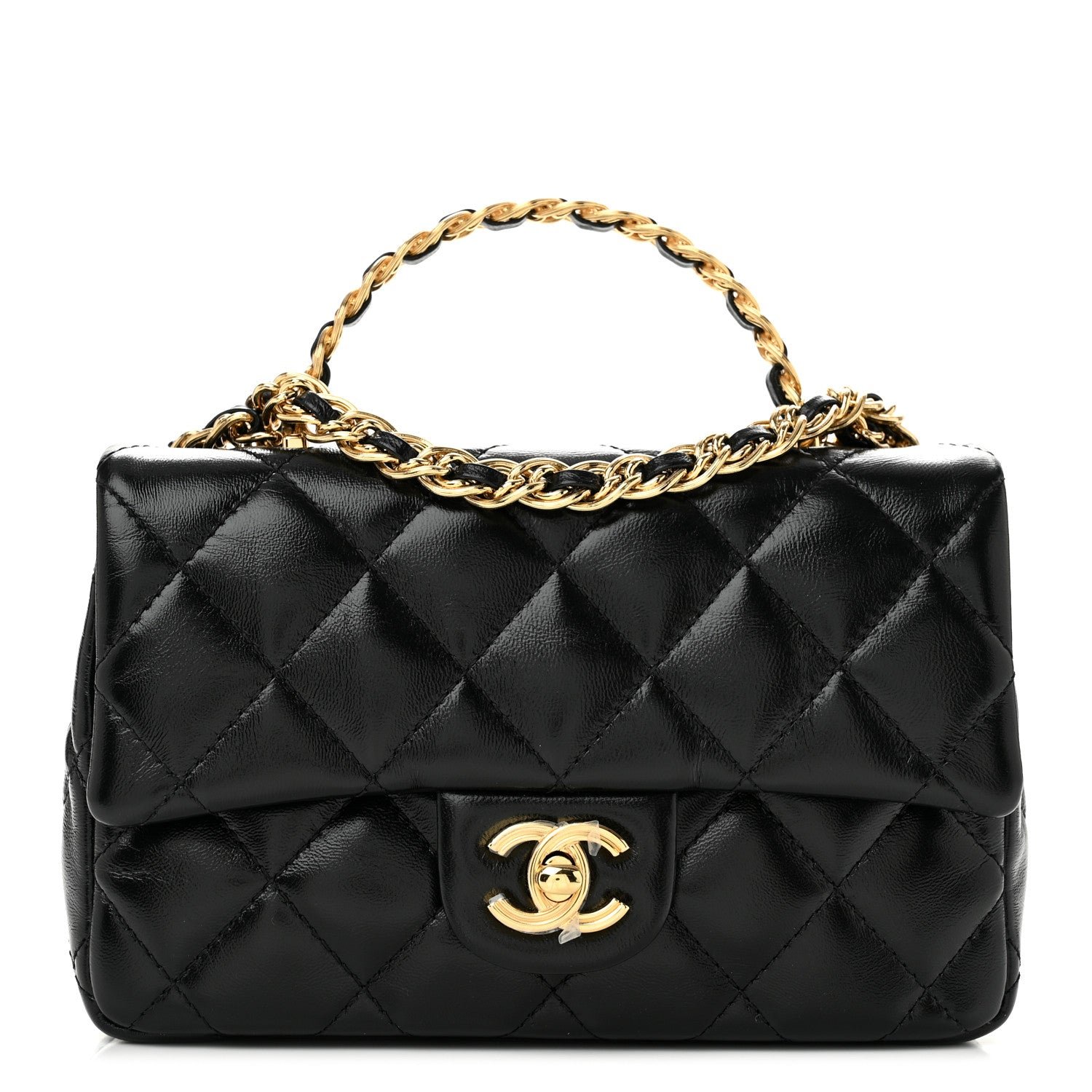 Chanel Shiny Lambskin Quilted Golden Links Top Handle Flap Black