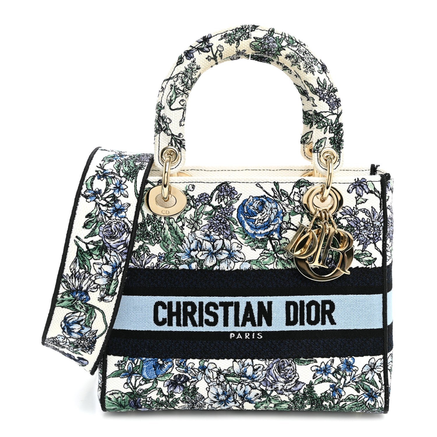 Christian Dior Canvas Embroidered Chardons Toile De Jouy Medium Lady D-Lite Blue Multicolor