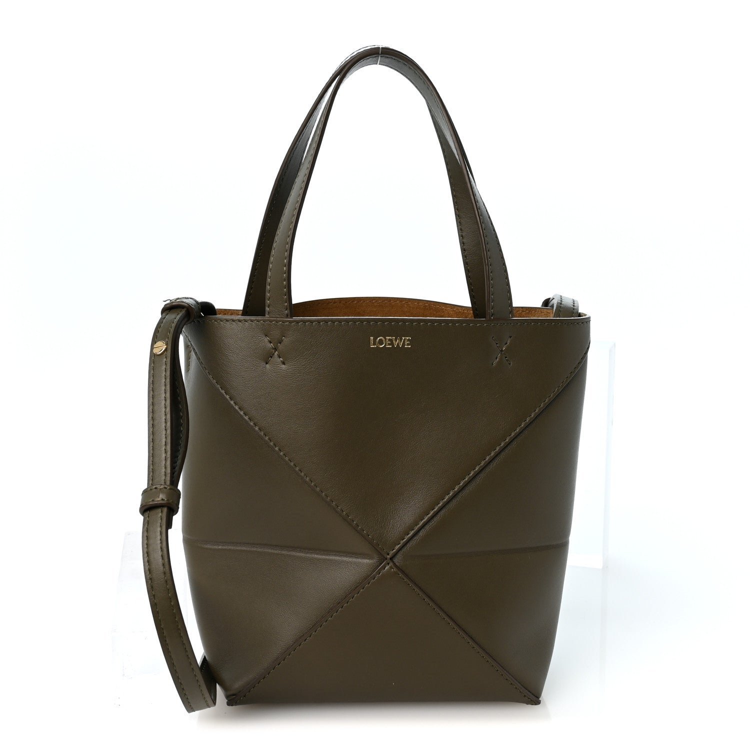 Loewe Shiny Calfskin Mini Puzzle Fold Tote Dark Khaki