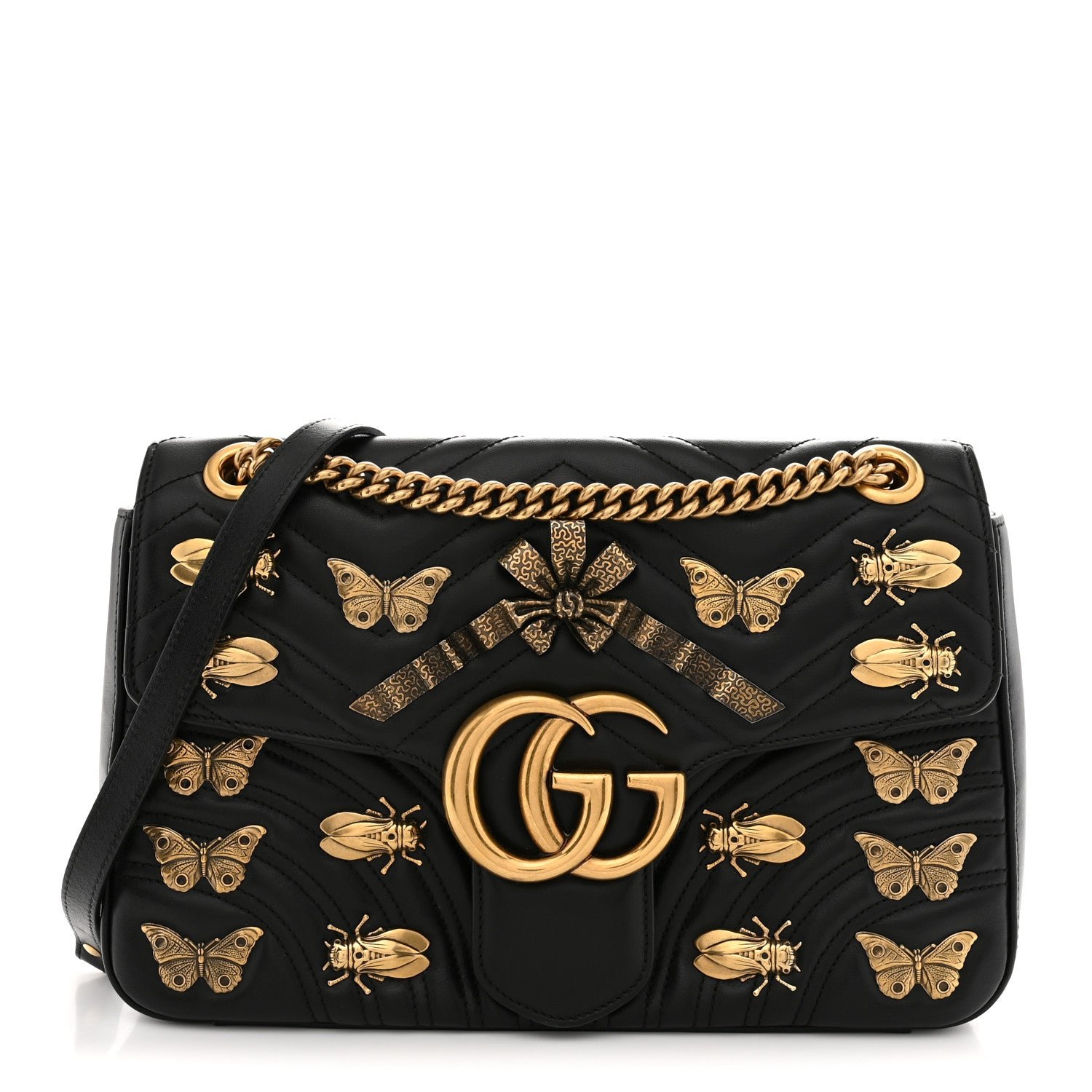 Gucci Calfskin Matelasse Animal Studs Medium GG Marmont Shoulder Bag Black