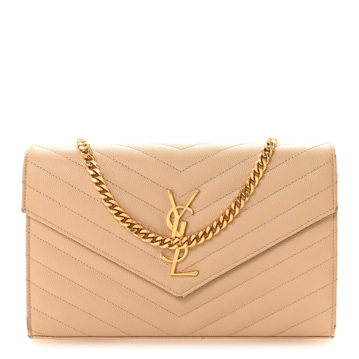 Saint Laurent Grain De Poudre Matelasse Chevron Monogram Chain Wallet Nude Powder