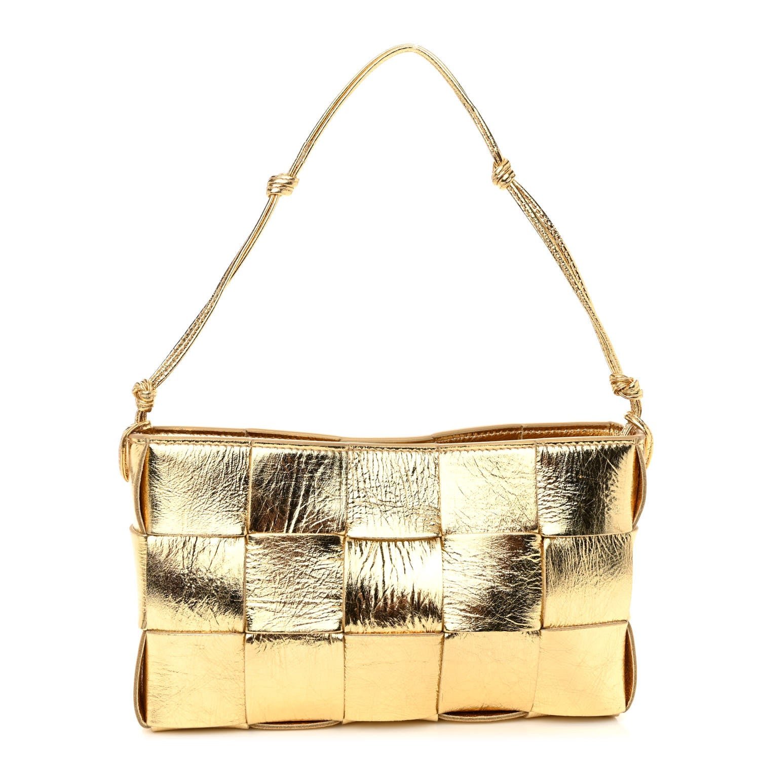 Bottega Veneta Metallic Lambskin Maxi Intrecciato Cassette Pouch On Strap Bag Gold