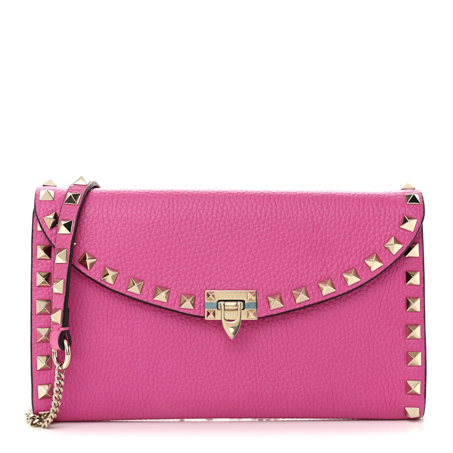 Valentino Garavani Grainy Calfskin Rockstud Flip Lock Wallet With Chain Pink PP