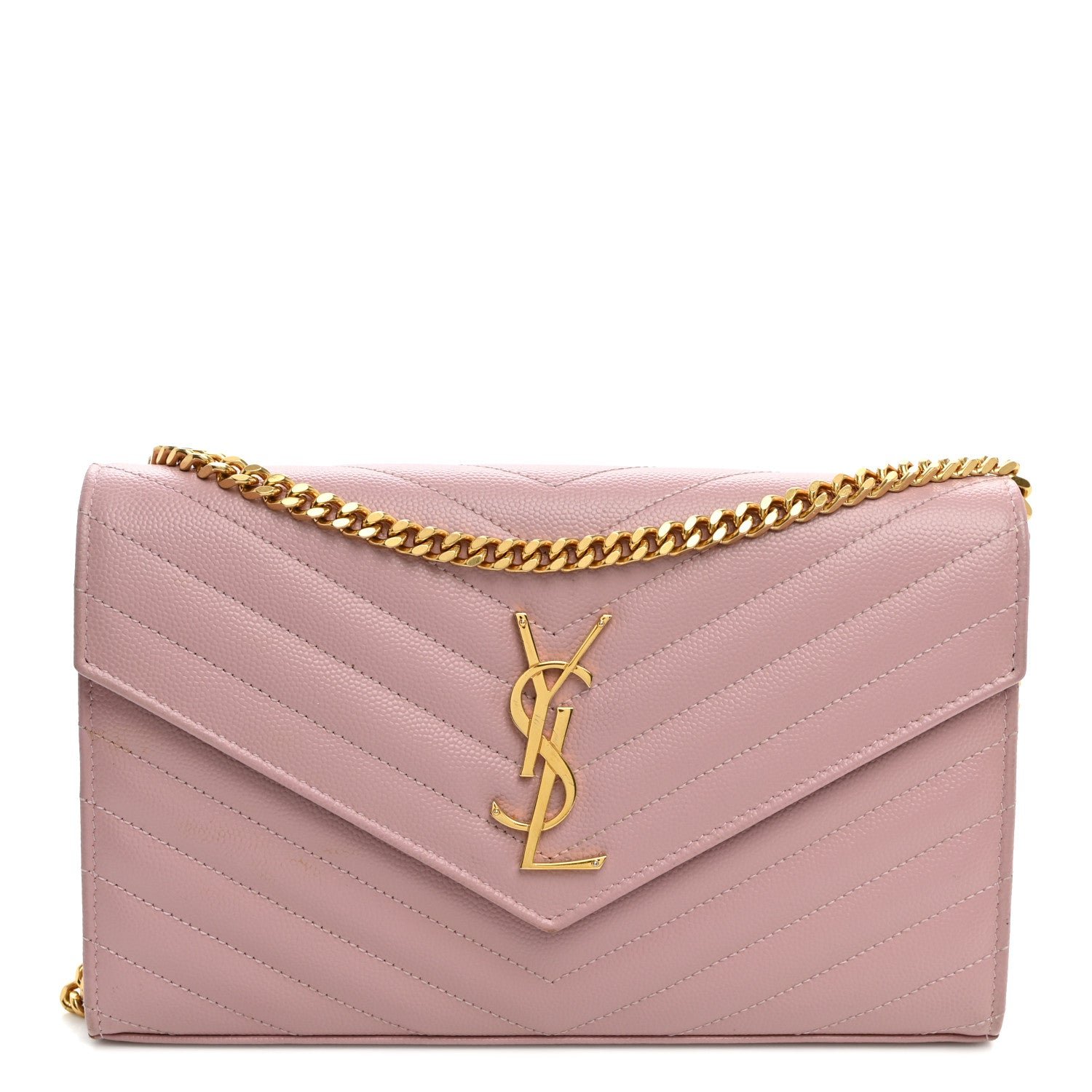 Saint Laurent Grain De Poudre Matelasse Chevron Monogram Chain Wallet Tender Pink