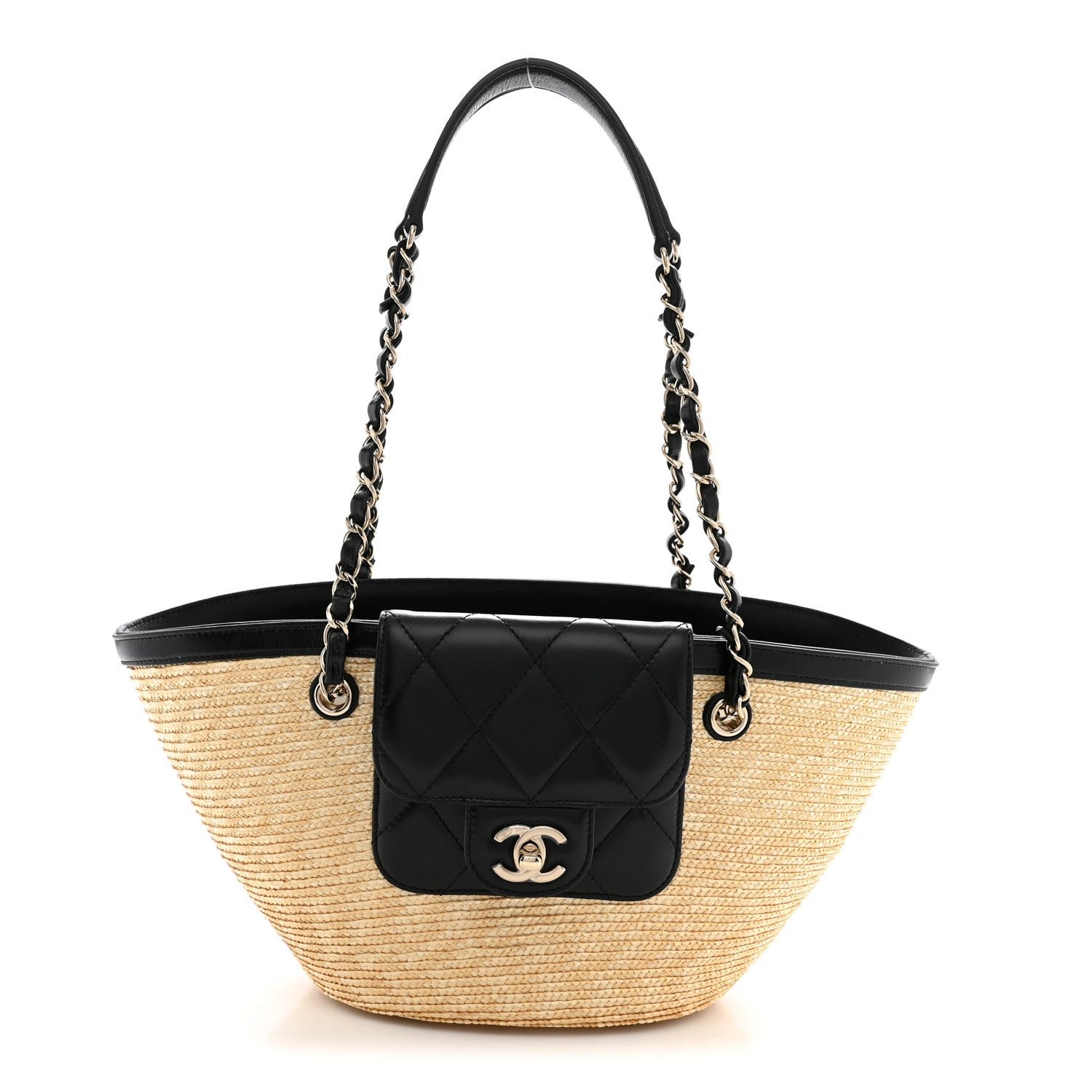 Chanel Raffia Braided Lambskin Small Shopping Tote Beige Black