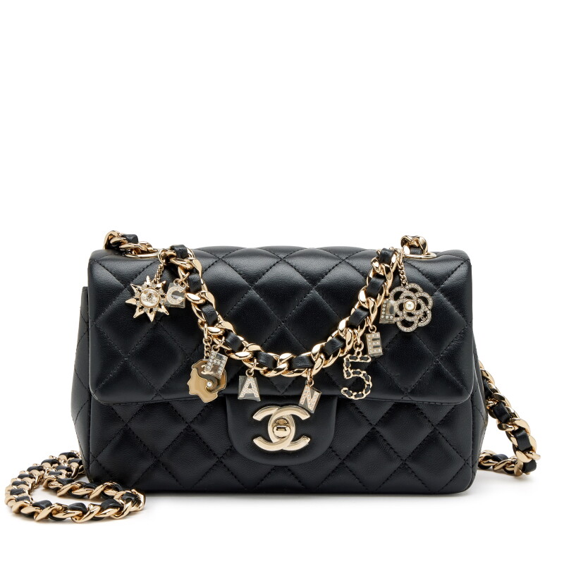 Black Quilted Lambskin Mini Coco Charms Rectangular Flap Bag Light Gold Hardware, 2021