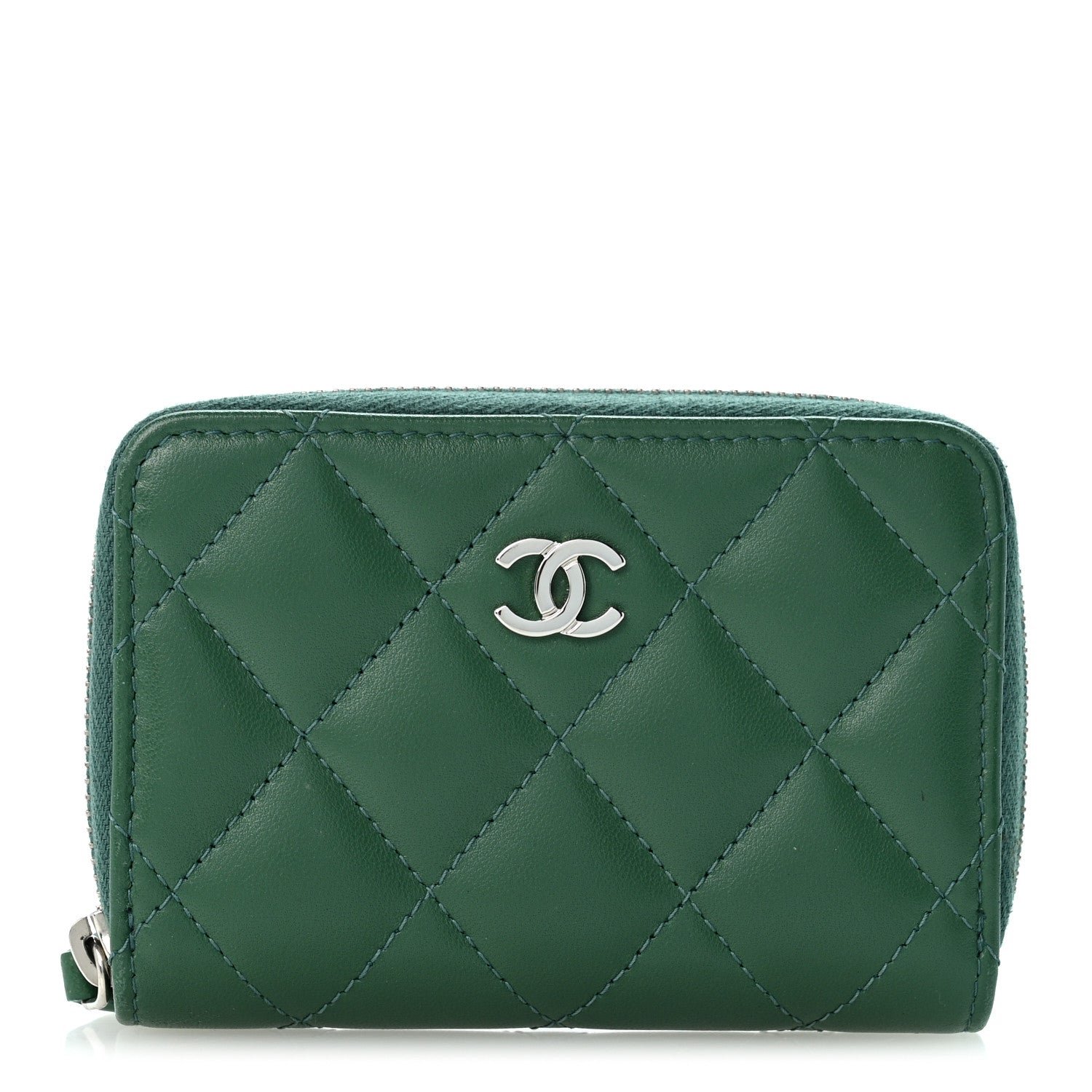 Chanel Lambskin Quilted Zip Around Coin Purse Wallet Green