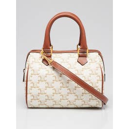 Celine Celine White/Tan Triomphe Coated Canvas Boston Small Shoulder Bag