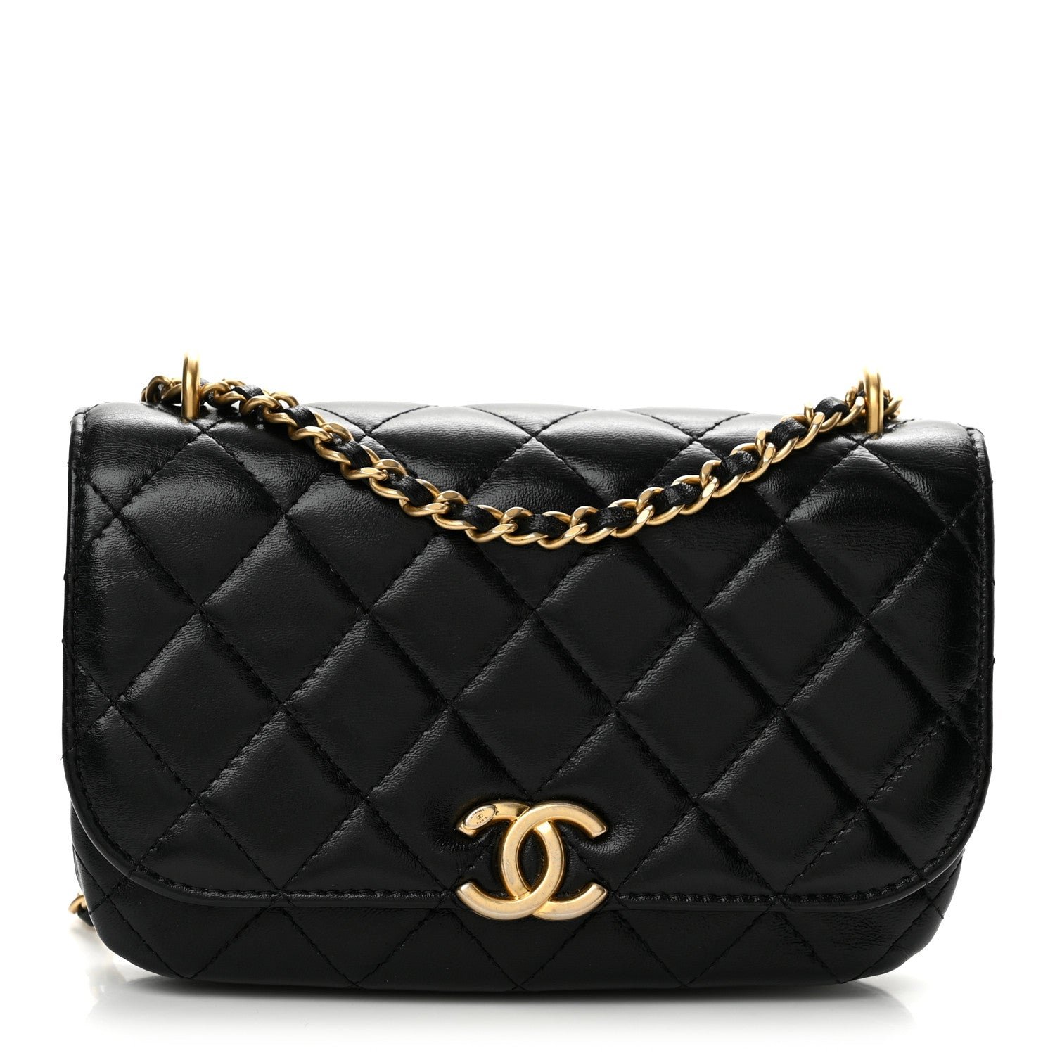 Chanel Shiny Lambskin Quilted Flap Phone Holder With Chain Black