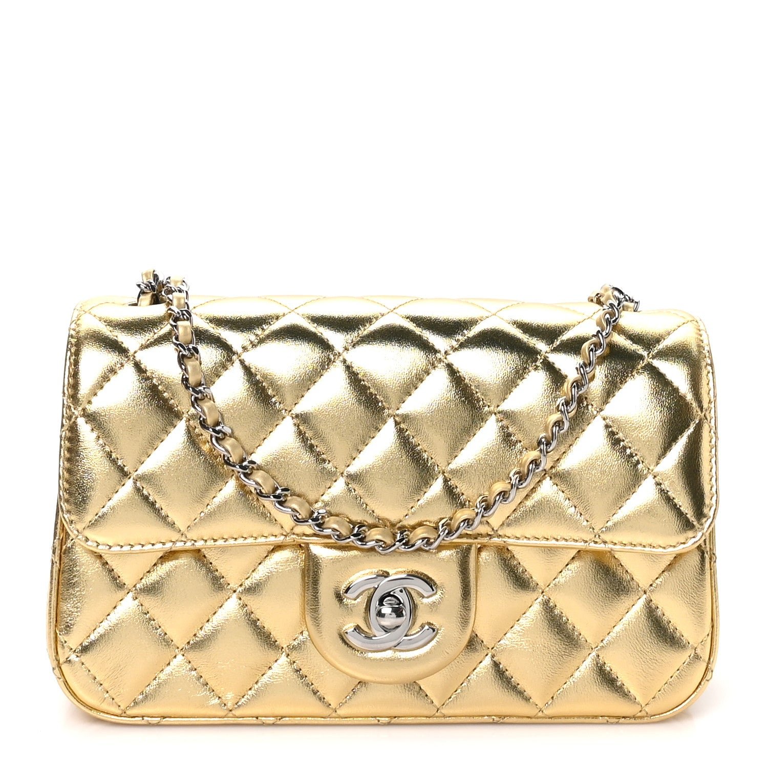 Chanel Metallic Lambskin Quilted Mini Rectangular Pearl Crush Flap  Gold