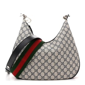 Gucci GG Supreme Monogram Textured Calfskin Web Large Attache Shoulder Bag Beige Blue