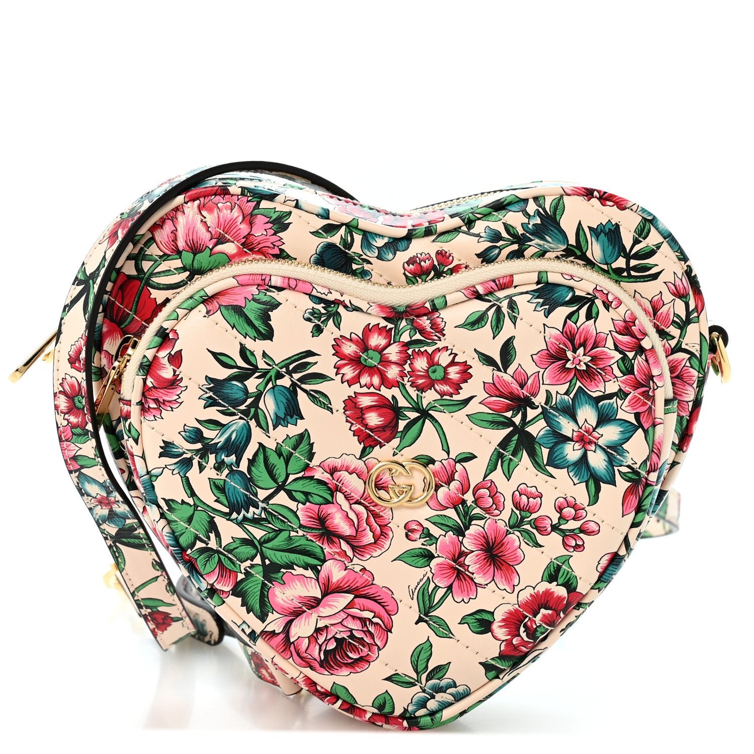 Gucci Calfskin Matelasse Diagonal Brit Roses Print Mini Interlocking G Heart Shoulder Bag  White Multicolor