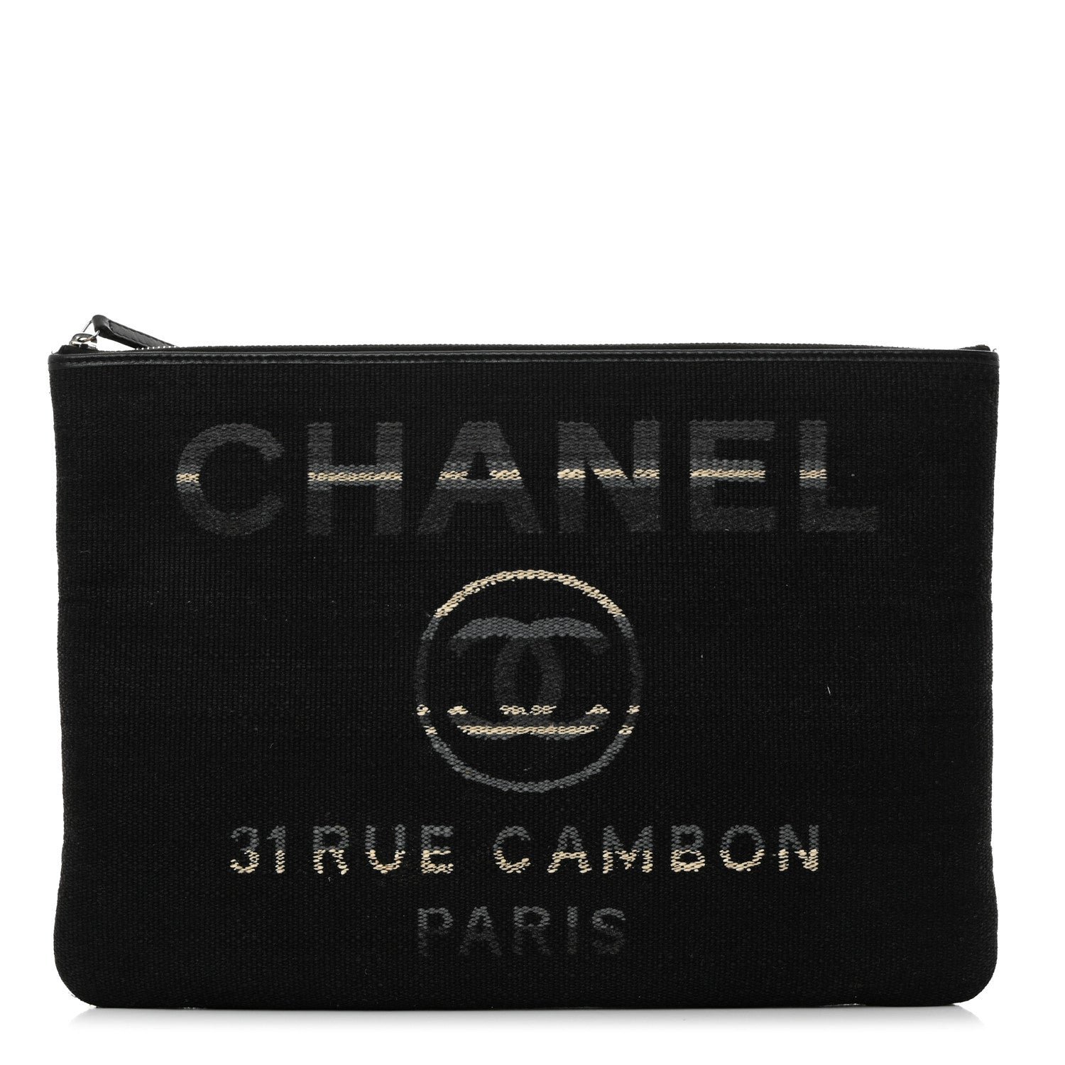 Chanel Striped Canvas Large Deauville Pouch Clutch Black