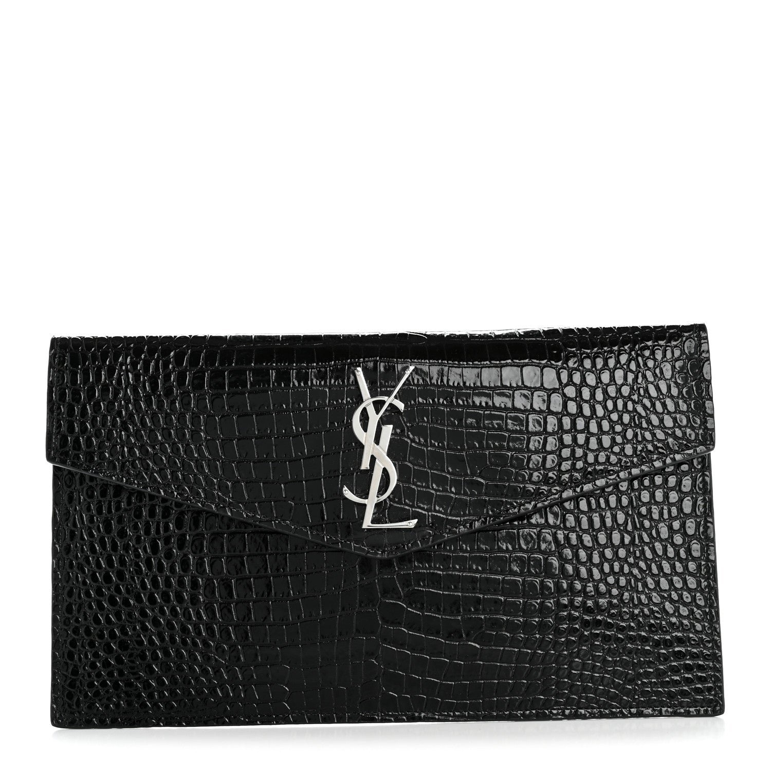 Saint Laurent Calfskin Crocodile Embossed Uptown Monogram Pouch Black