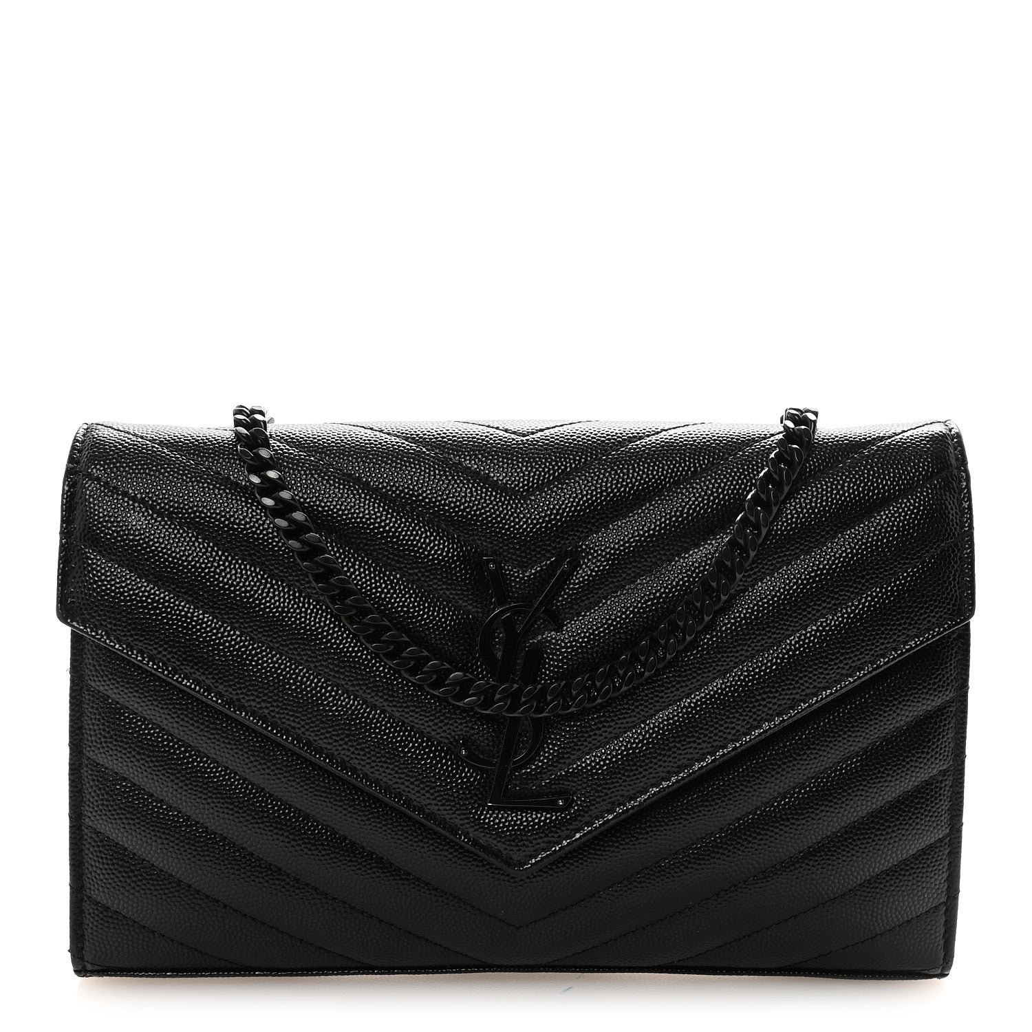Saint Laurent Grain De Poudre Matelasse Chevron Monogram Monochrome Chain Wallet Black