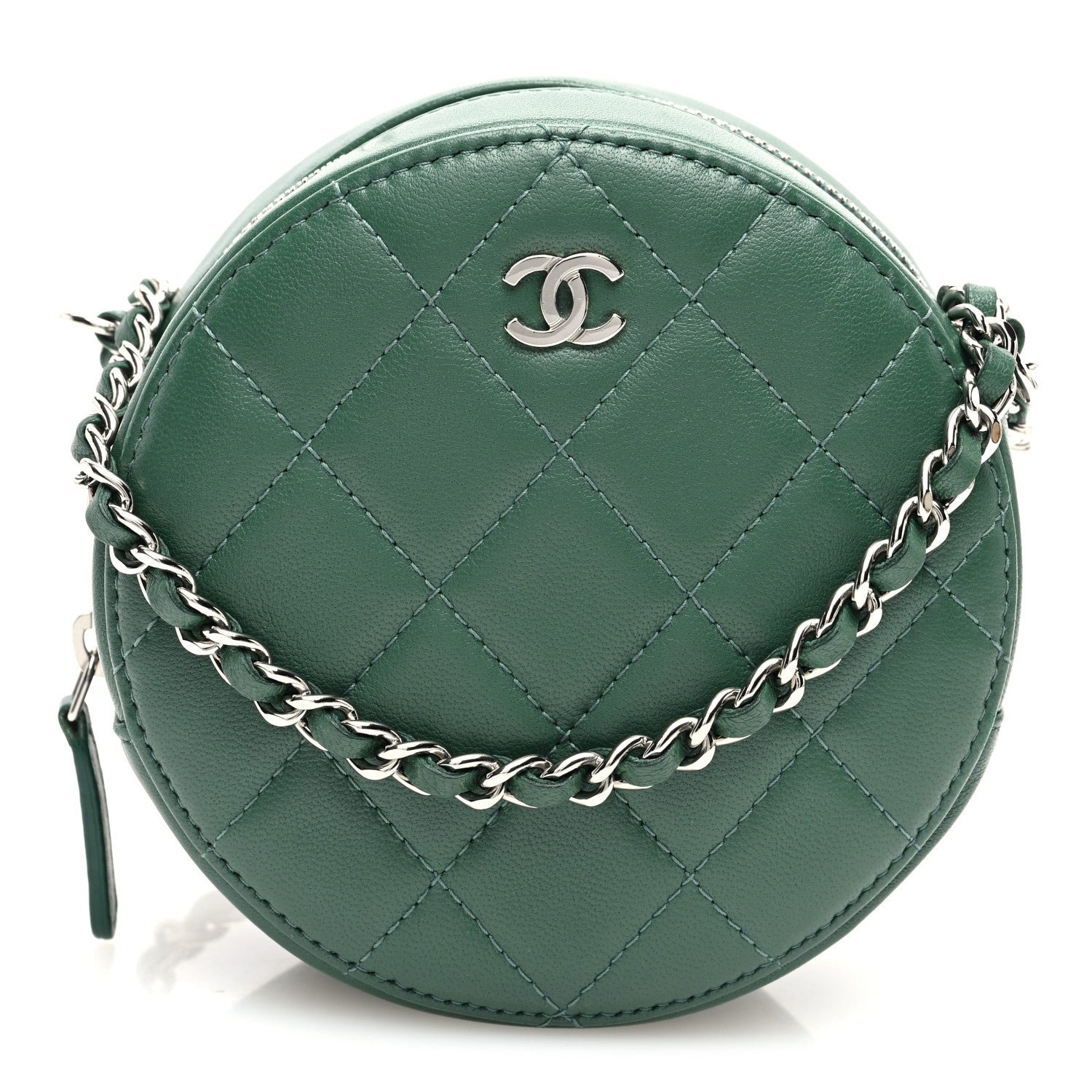 Chanel Lambskin Quilted Round Clutch With Chain Green