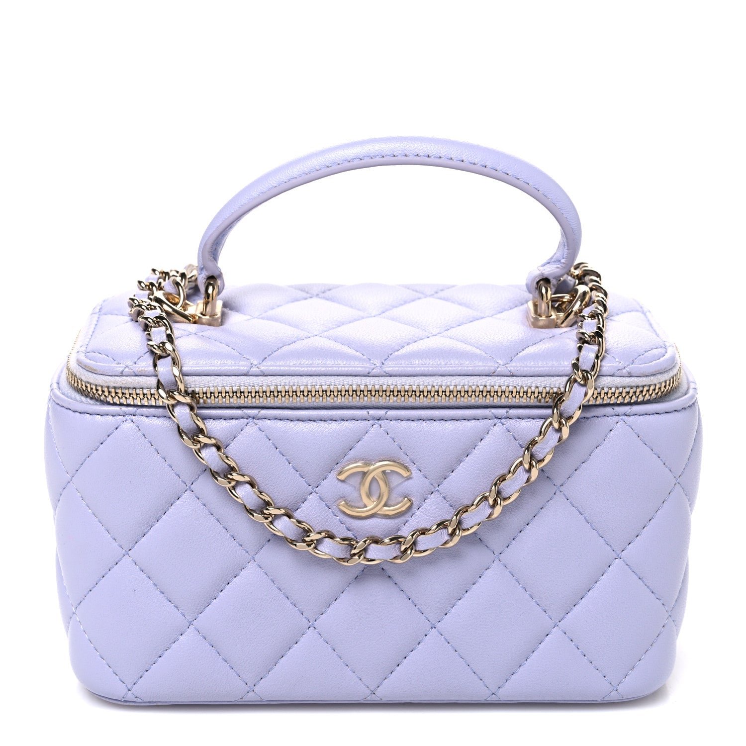Chanel Lambskin Quilted Small Top Handle Vanity Case With Chain Light Purple