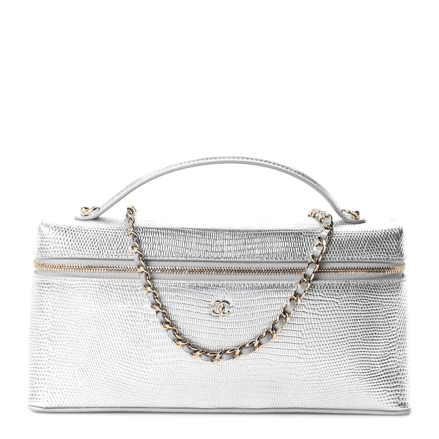Chanel Lizard Embossed Top Handle Slim Vanity With Chain Silver