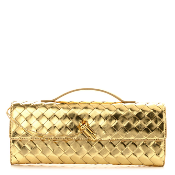 Bottega Veneta Metallic Lambskin Intrecciato Long Andiamo Top Handle Clutch Gold