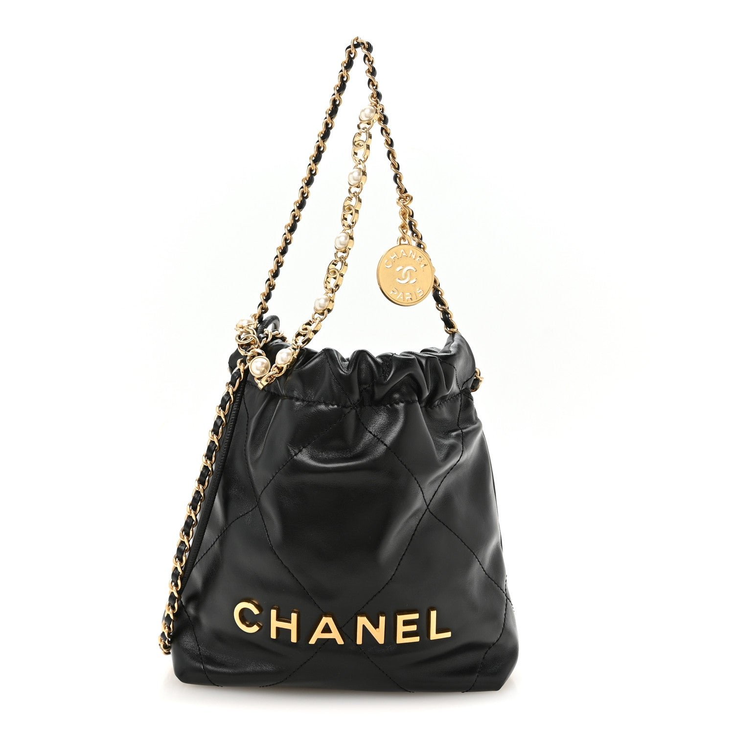 Chanel Shiny Calfskin Quilted Pearl CC Chain Mini Chanel 22 Black