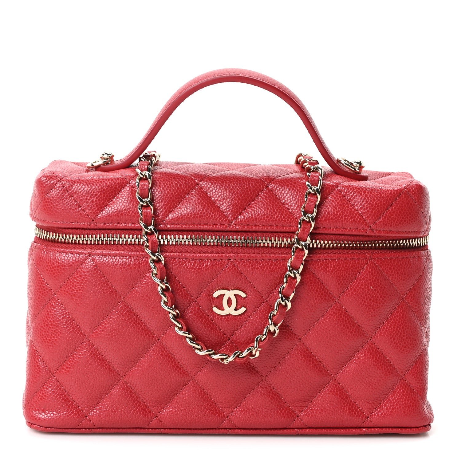 Chanel Caviar Quilted Top Handle Slim Vanity With Chain Red
