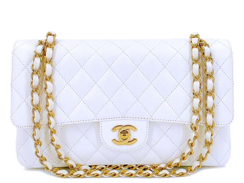 White Quilted Caviar Medium Classic Double Flap Bag Gold Hardware, 2005