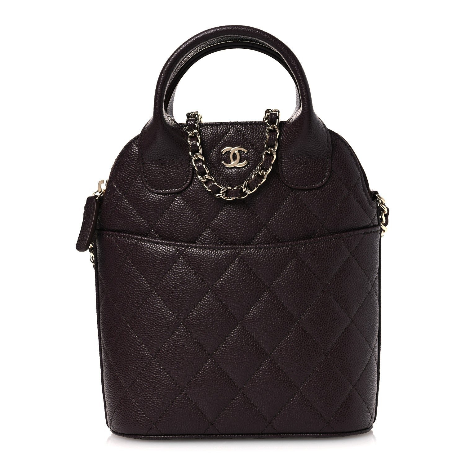 Chanel Caviar Quilted Top Handle Clutch With Chain Dark Brown