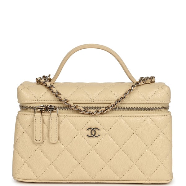 Chanel Top Handle Long Vanity Case with Chain Beige Shiny Caviar Light Gold Hardware