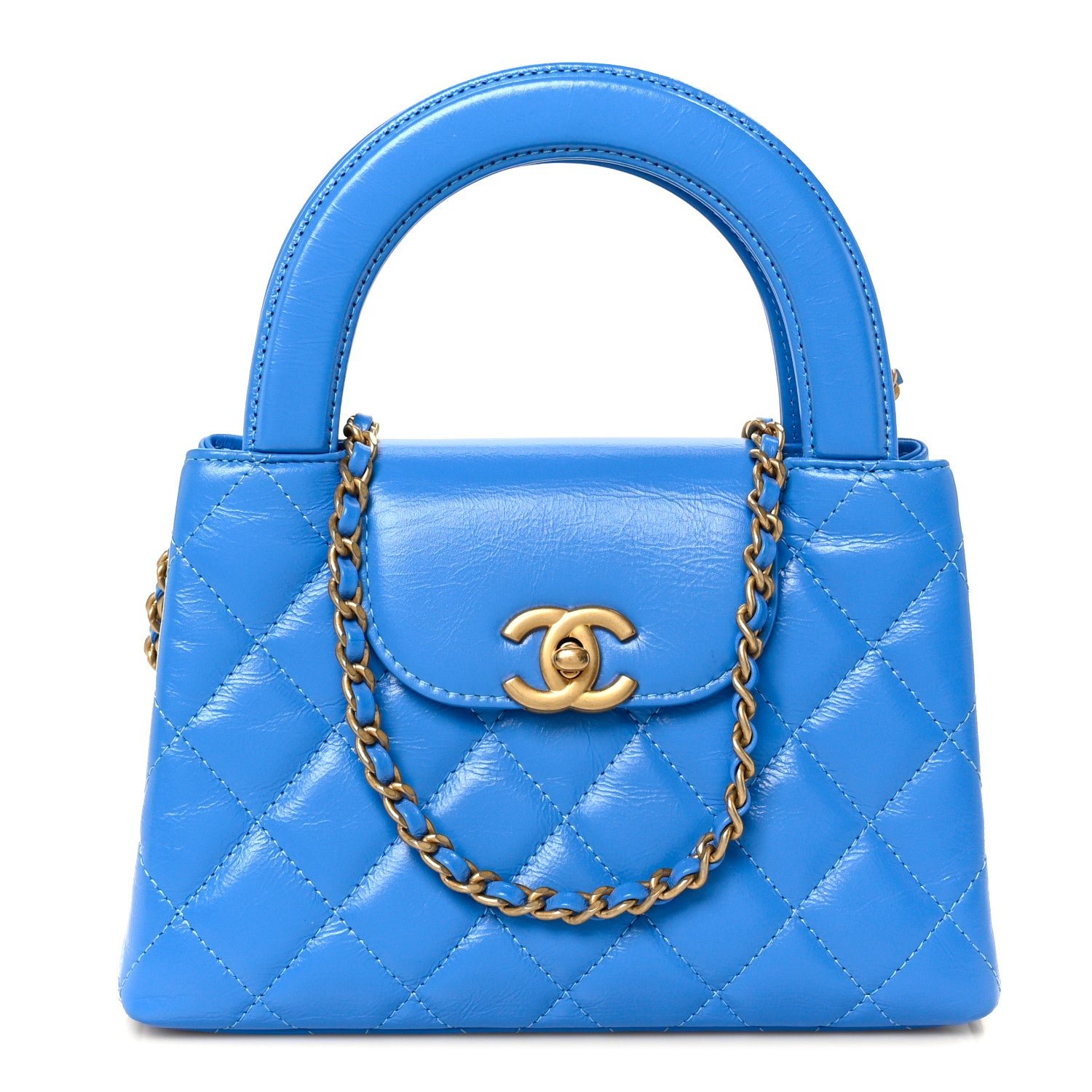 Chanel Shiny Aged Calfskin Quilted Nano Kelly Shopper Blue