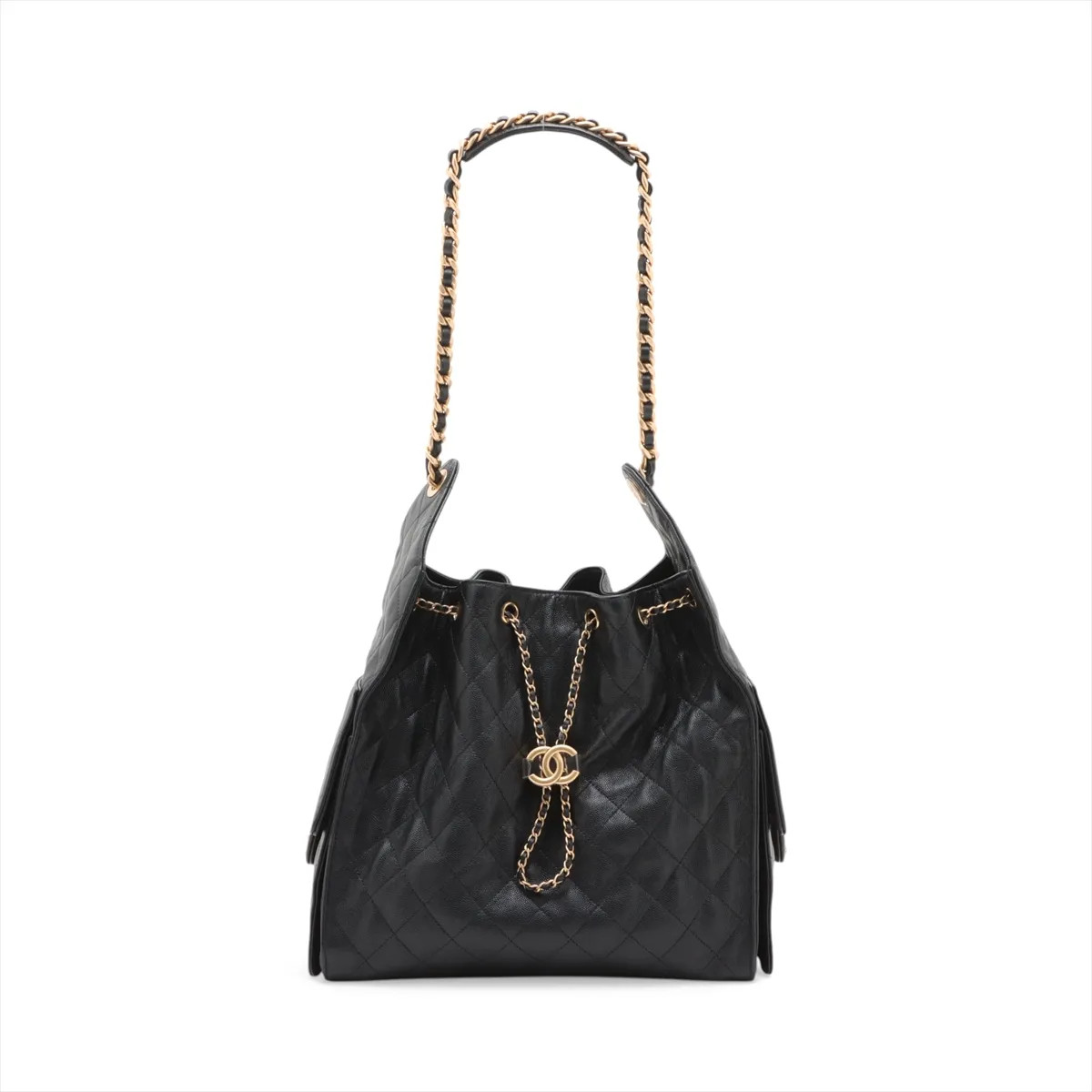 Chanel Chanel 25 Medium Caviar Skin Chain Shoulder Bag Black Gold Metal Fittings