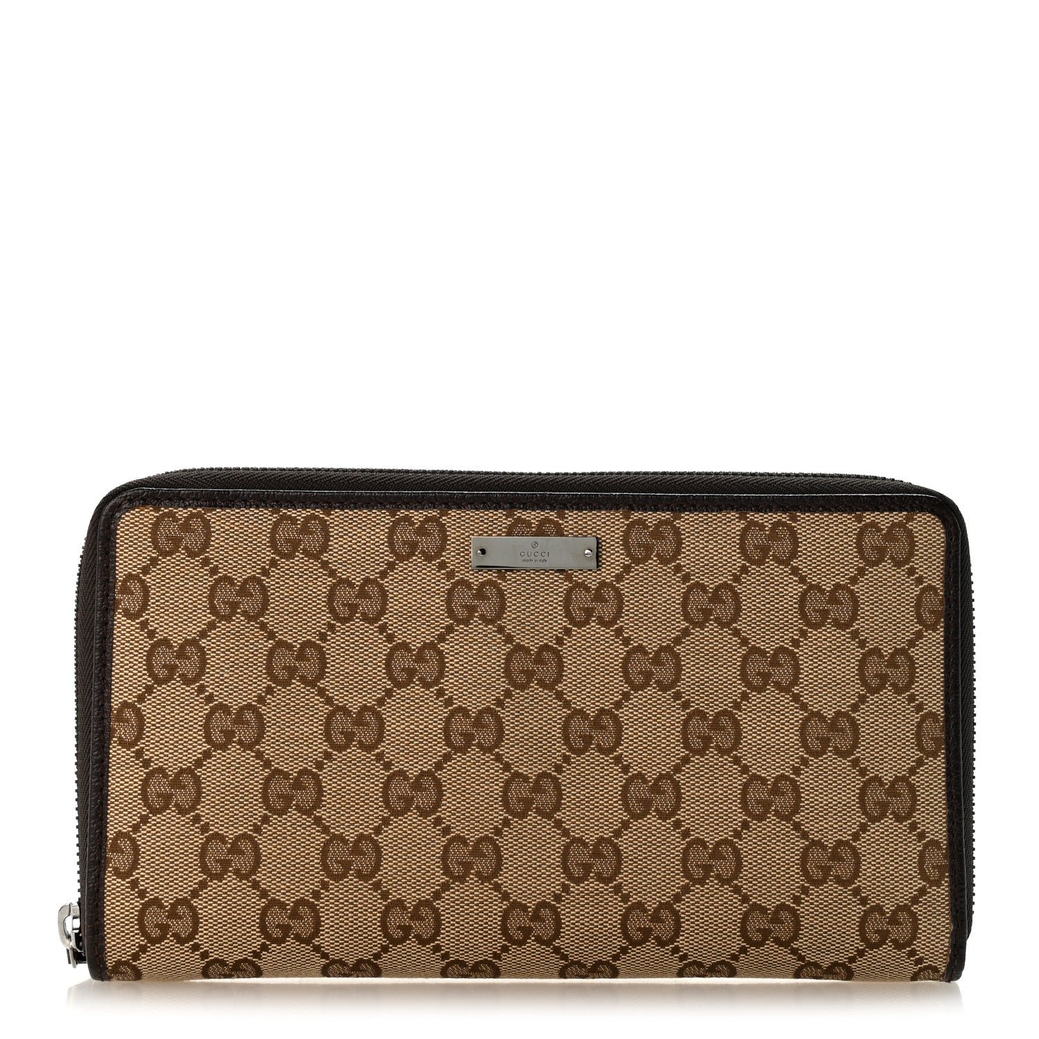Gucci Monogram Metal Bar Zip Around Travel Wallet Dark Brown
