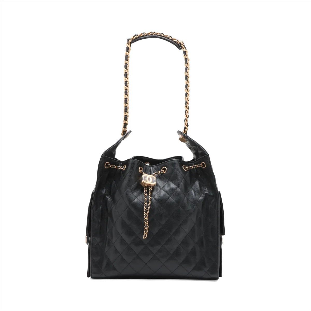 Chanel Chanel 25 Medium Caviar Skin Chain Shoulder Bag Black Gold Metal Fittings