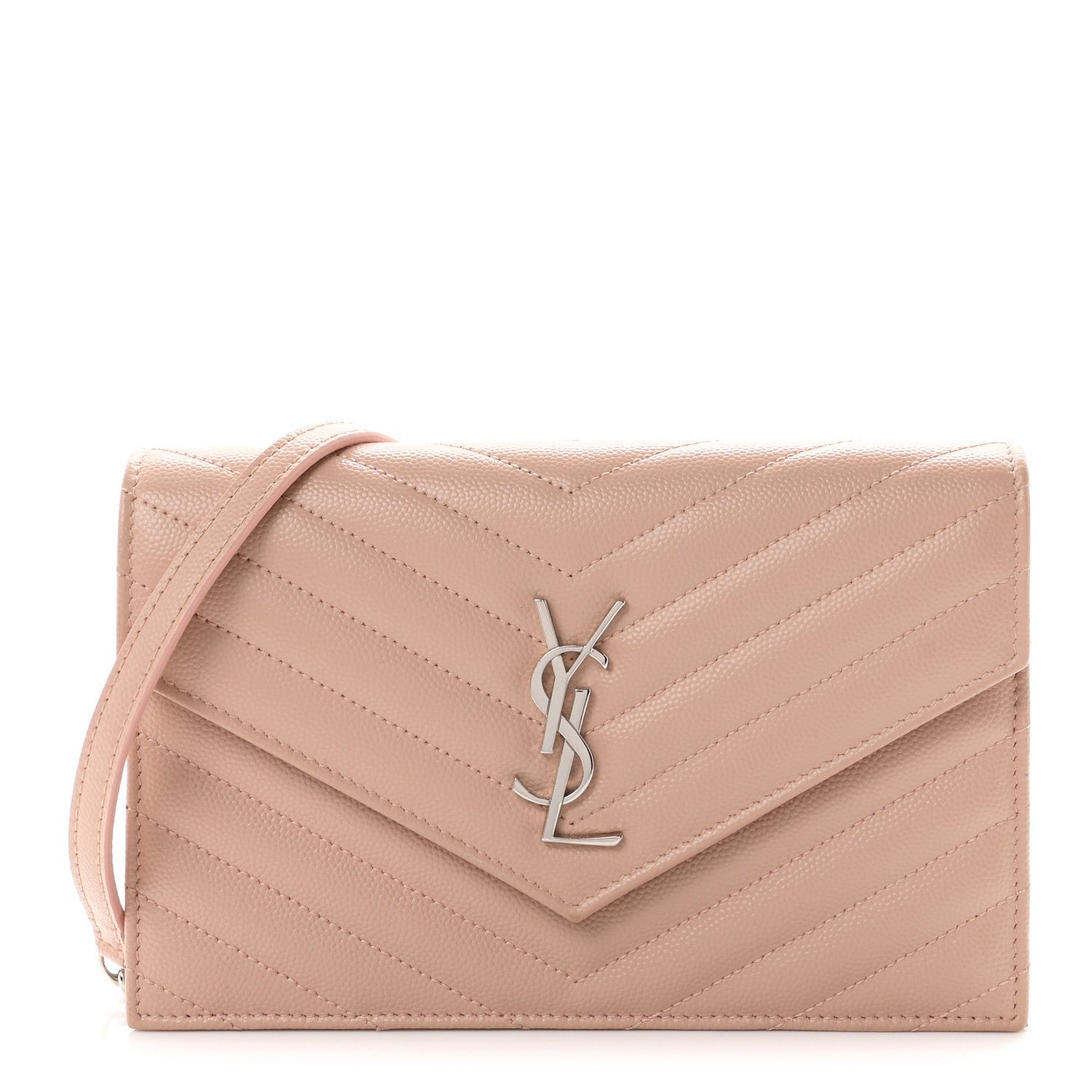 Saint Laurent Grain De Poudre Matelasse Chevron Monogram Envelope Chain Wallet Pale Pink