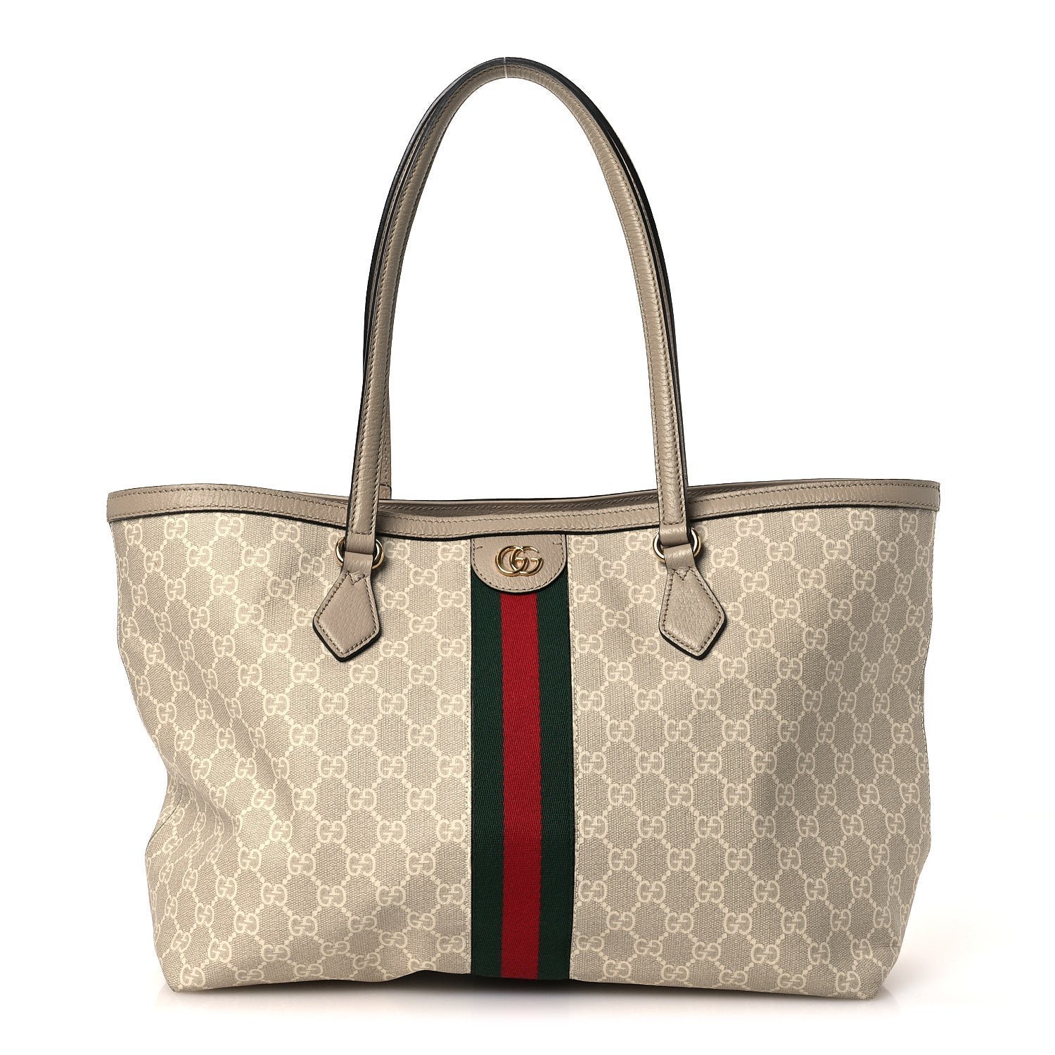 Gucci GG Supreme Monogram Textured Dollar Calfskin Web Medium Ophidia Shopping Tote Beige Mystic White Oatmeal
