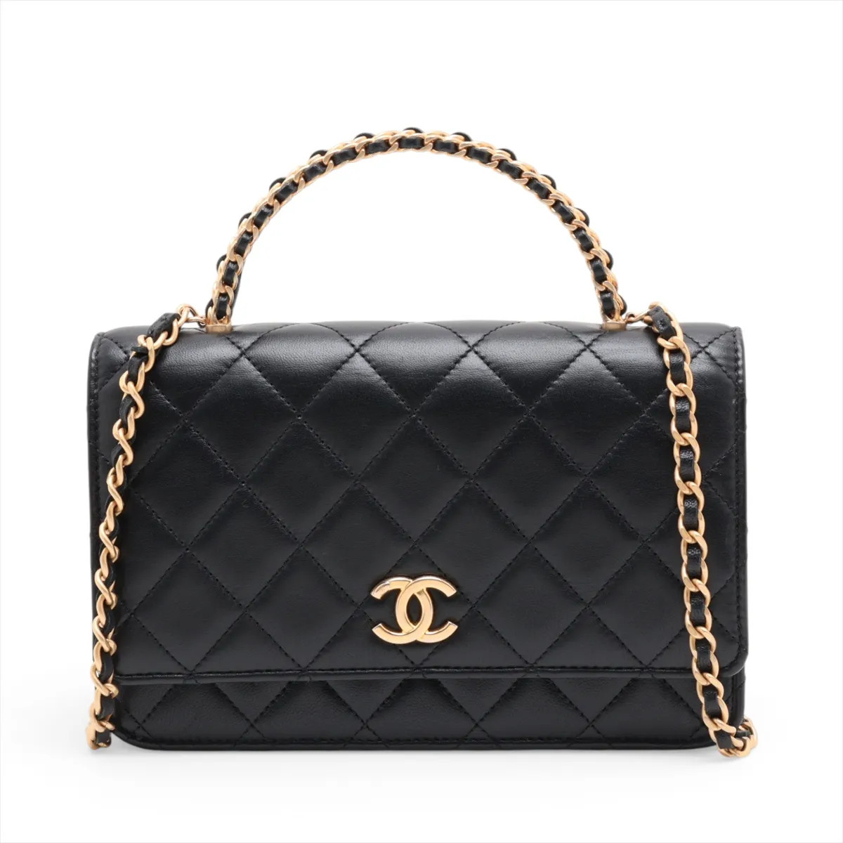 Chanel Matelasse Lambskin Chain Wallet Top Handle Black Gold Metal Fittings rand