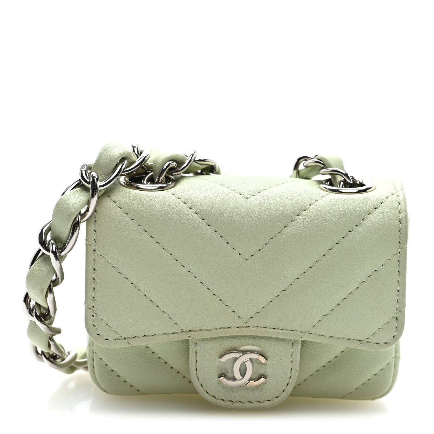 Chanel Sheepskin Chevron Quilted Mini Chain Belt Bag Light Green