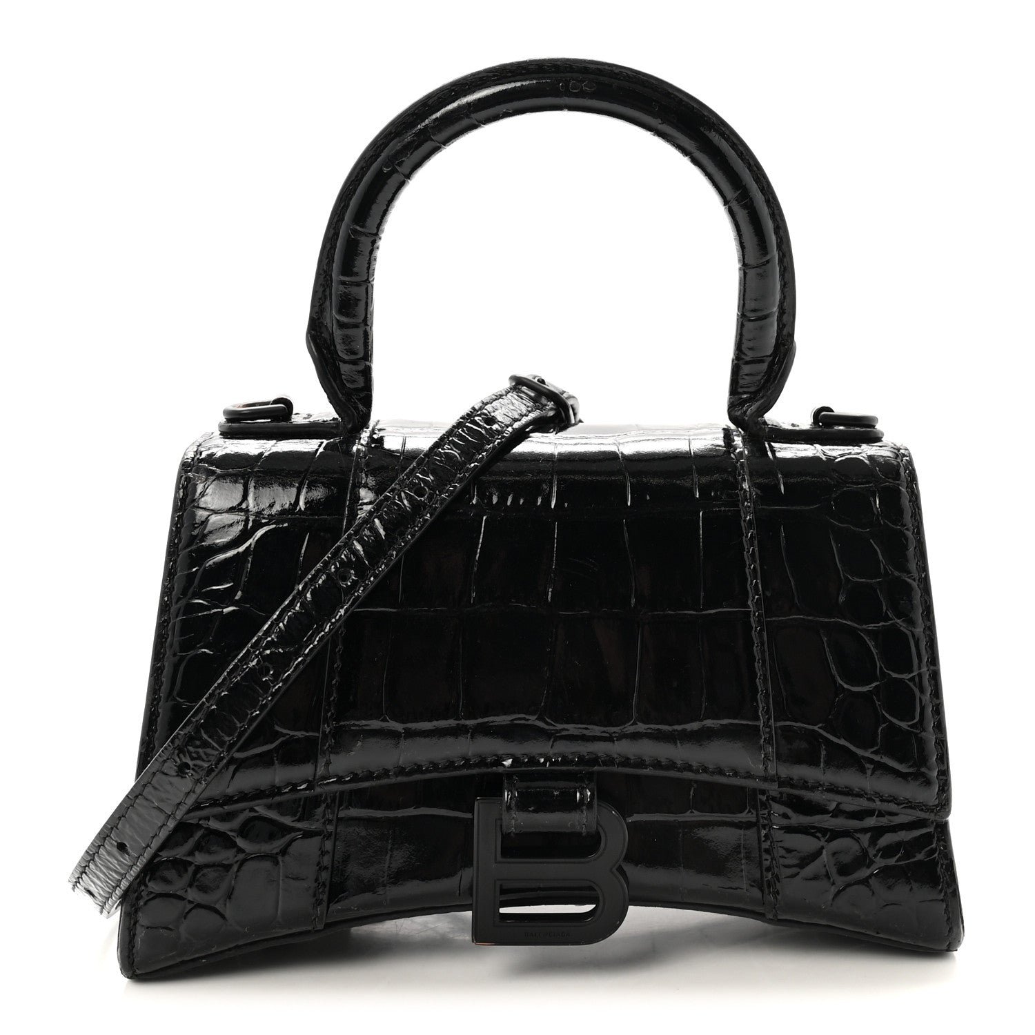 Balenciaga Shiny Calfskin Monochrome Crocodile Embossed Hourglass Top Handle Bag XS Black