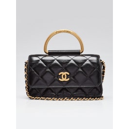 Chanel Black Quilted Lambskin Leather Top Handle Flap Phone Holder With Chain Bag