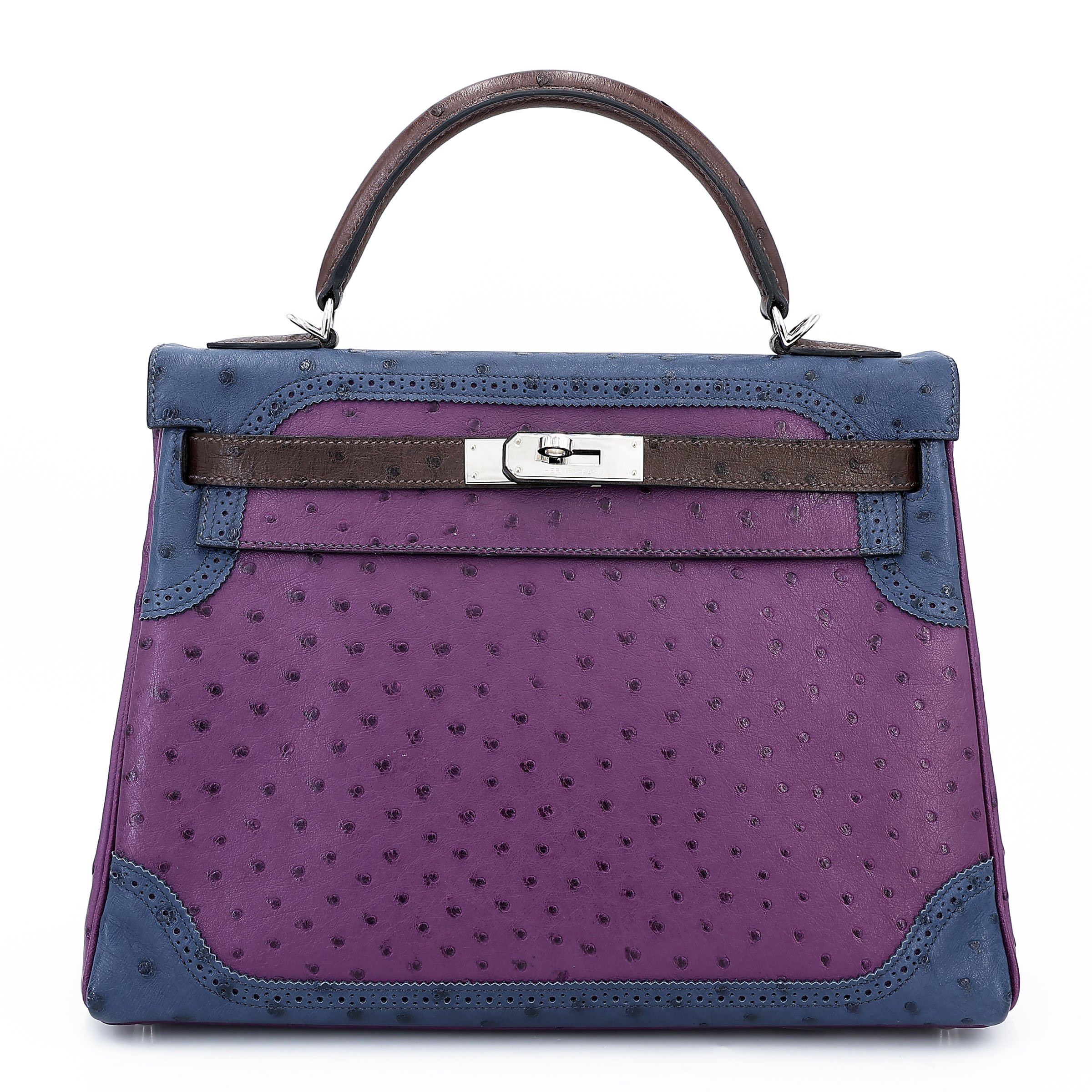 Very Good ( Rank A) HERMÈS Kelly Ghillies 32 Marron Fonce (45) Bleu de Malte (7L) Violet (96) Ostrich Palladium hardware Square R (2014)