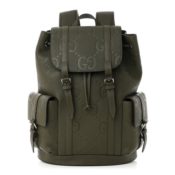 Gucci Piuma Calfskin Jumbo GG Embossed Double Buckle Backpack Dark Vintage Olive