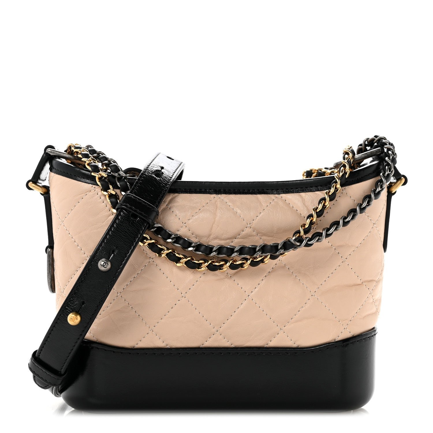 Chanel Aged Calfskin Quilted Small Gabrielle Hobo Beige Black