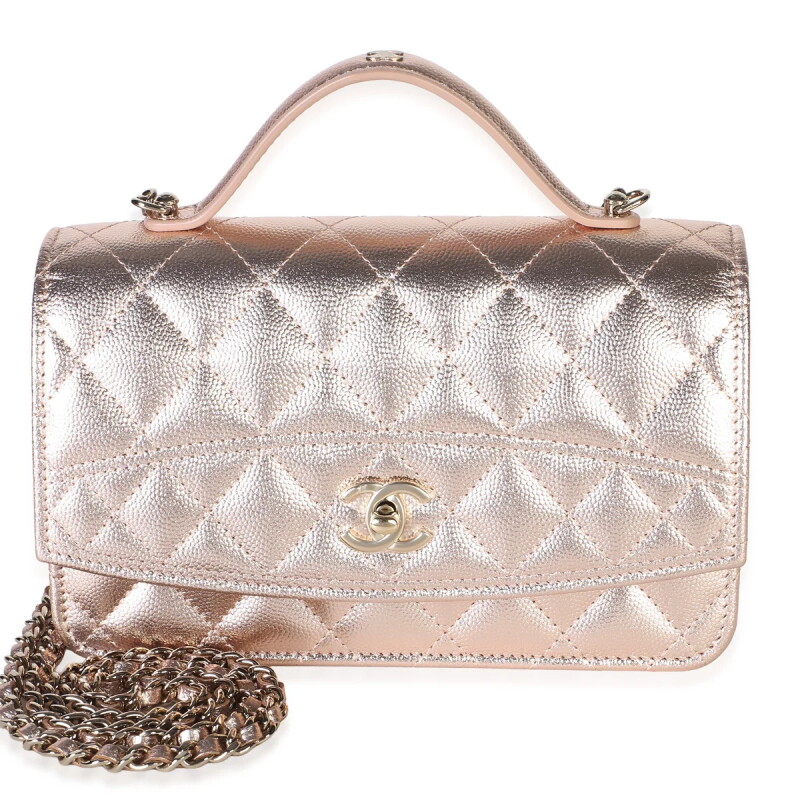 Metallic Shiny Quilted Caviar Top Handle Wallet on Chain WOC Light Gold Hardware, 2026